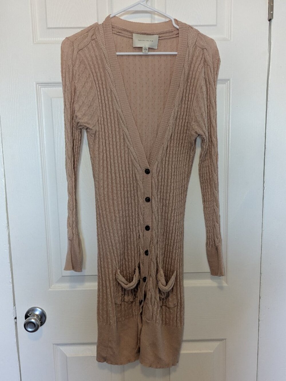 Brochu Walker Long Cardigan Sweater Large Rose Pink Quiet Luxe Cabin Cable Knit